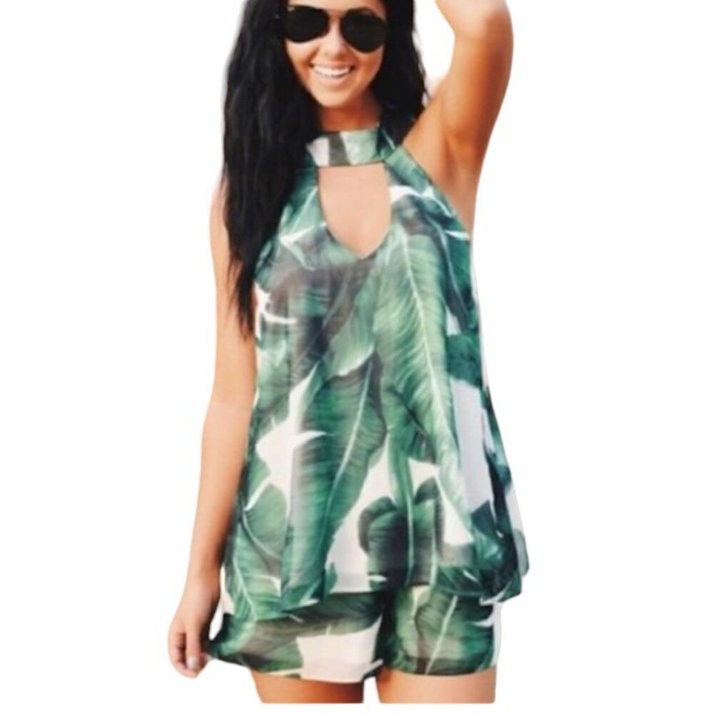 Judith March Palm Print High Neck Romper Tropical Island Vacation Green Medium